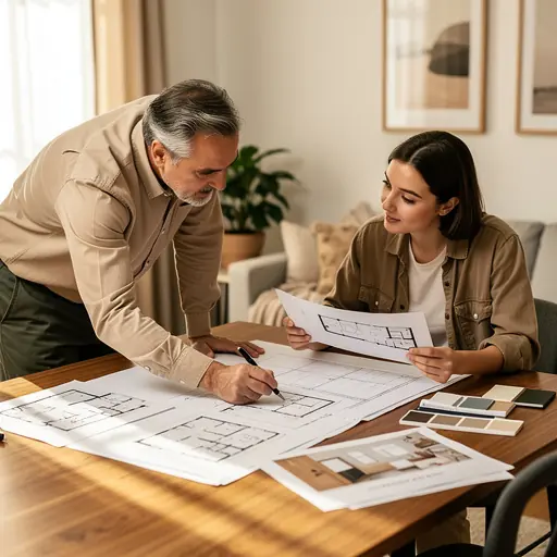 Warm home interior scene with a mentor explaining interior layout plans to a younger adult at a wooden table, soft natural daylight, neutral tones, realistic lifestyle photography, vertical composition, high resolution
