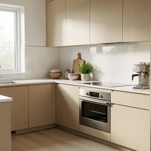 Bright modern kitchen with wooden cabinets and natural daylight, organized countertop, warm neutral tones, realistic lifestyle interior photography, vertical composition, high resolution
