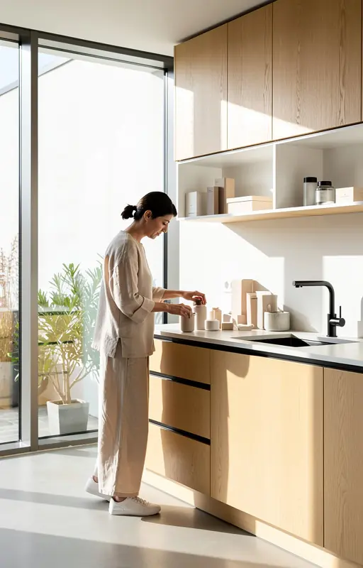 Modern minimalist home interior with a person organizing a wooden kitchen workspace, soft natural daylight from a large window, neutral tones, clean lines, realistic lifestyle photography, vertical composition, high resolution
