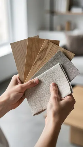 Close-up of hands holding wood and material samples in a modern interior setting, soft natural light, neutral tones, realistic editorial photography, vertical composition, high resolution
