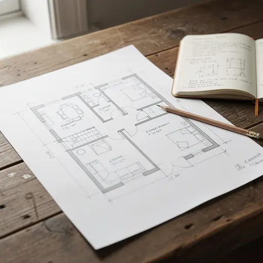 Architectural floor plan sketch on a wooden table with pencil and notebook, soft daylight, clean composition, realistic editorial photography, vertical framing, high resolution
