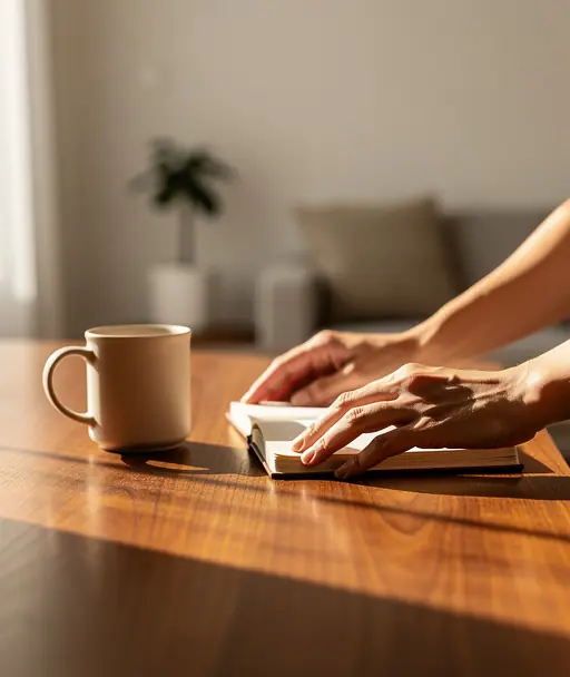 Close-up of hands working on a wooden surface in warm natural sunlight, minimalist home interior background slightly blurred, realistic lifestyle photography, warm tones, vertical composition, high resolution
