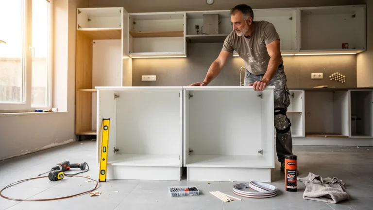 Caisson cuisine mélamine 16 mm ou 19 mm comparés dans une cuisine en rénovation, vue réaliste d’un montage à domicile