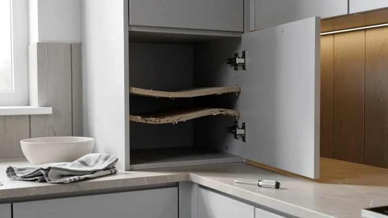 Caisson d’angle cuisine à 280 € avec deux étagères cédées, vue réaliste d’un meuble abîmé