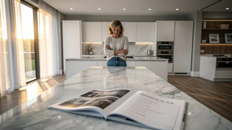 Femme réfléchissant aux détails cachés avant d’acheter une cuisine sans voir le caisson
