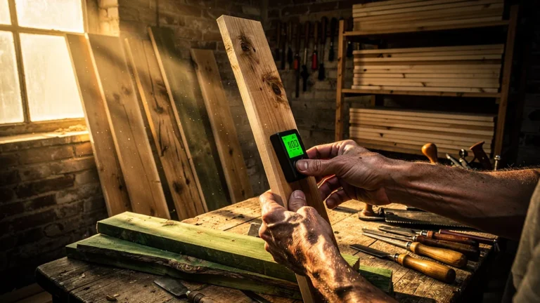 Atelier de menuiserie avec bois séché prêt pour fabrication d'étagère, lumière naturelle et outils détaillés