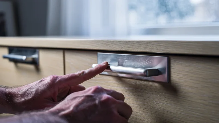 Poignée de tiroir inox 96 mm en gros plan, doigts glissant dessus dans une ambiance d'hiver froid