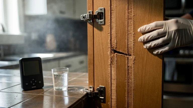 Test colle D3 vs D4 sur une porte de placard de cuisine après 8 semaines d’humidité