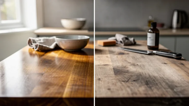 Comparatif de deux huiles dures sur plan de travail en bois après quatre mois de coup de lame