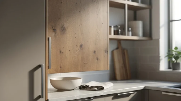 Façade bois brut pour meuble haut de cuisine moderne, choix design entre bois et laqué