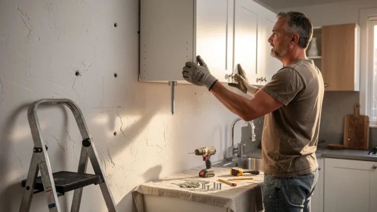 Installation de meubles hauts sans rail, grosse vis de fixation qui a sauvé le mur