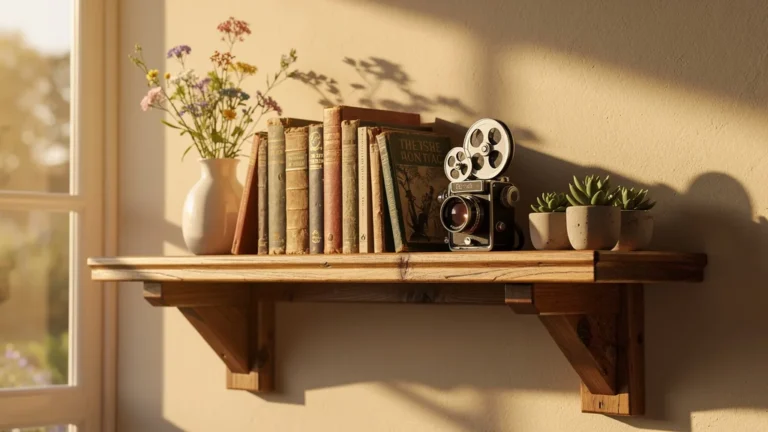 Étagère en bois massif faite main tenant après quatre ans d’usage avec objets décoratifs variés dessus