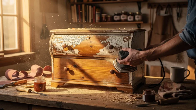 Découverte du bois brut sous la peinture en ponçant un meuble ancien pour la première fois