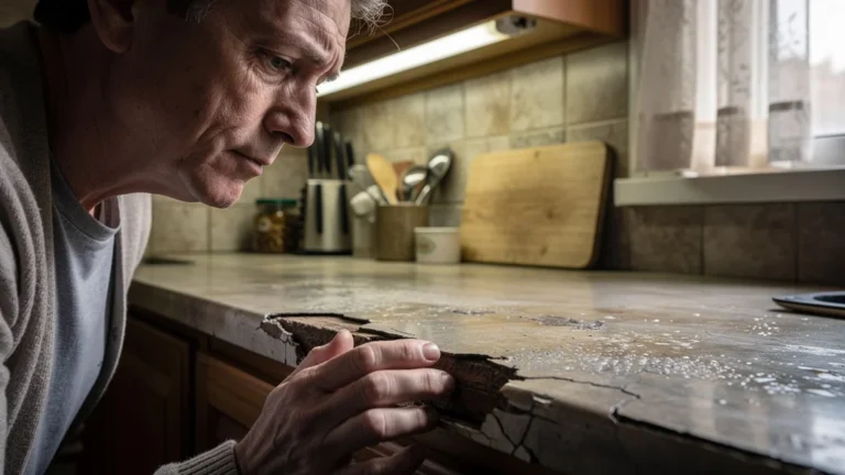 Détail d’un plan de travail en stratifié endommagé avec une personne déçue dans une cuisine réaliste