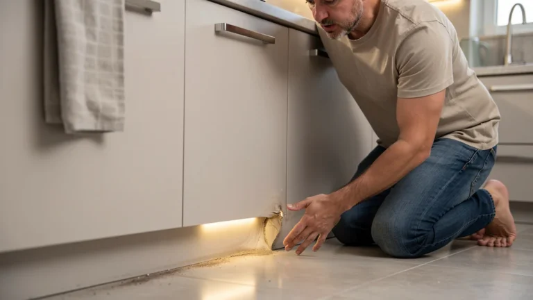 Plinthe de cuisine trop droite avec dégât d’humidité au pied, vue réaliste d’une petite réparation