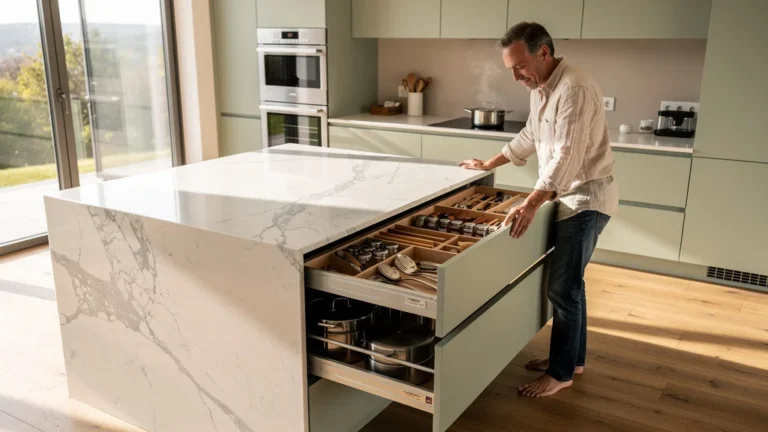 Cuisine moderne avec tiroirs coulissants ouverts montrant rangement optimisé et utilisateur satisfait