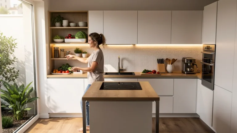 Cuisine fonctionnelle de 12 m² repensée avec une circulation fluide et design moderne lumineux