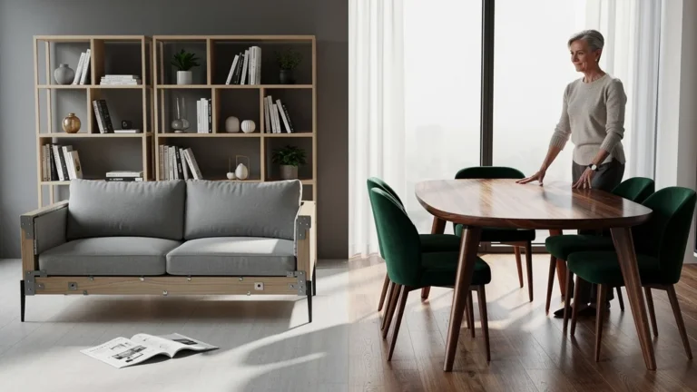 Comparaison hyperréaliste entre meubles en kit modernes et meubles sur mesure en bois élégant