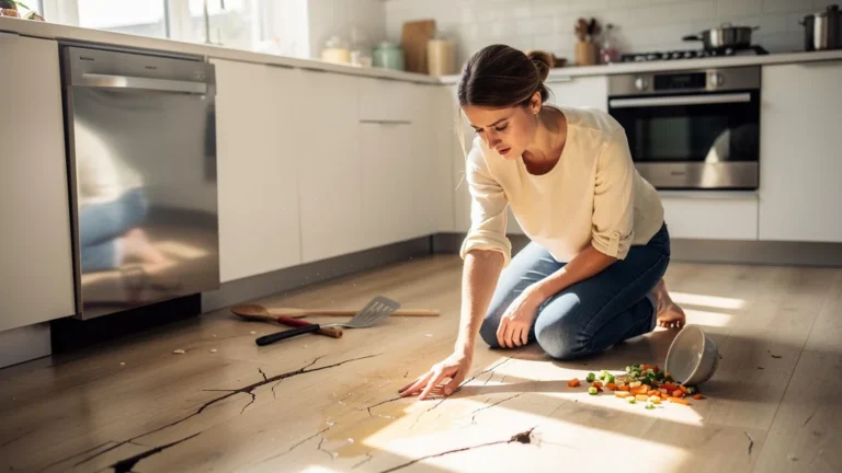 Regret d’avoir choisi un revêtement de sol fragile pour cuisine montrant des dégâts visibles