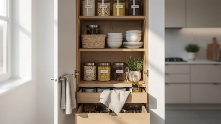 Garde-manger de 1 m² ouvert et bien organisé, choix assumé pour une cuisine compacte