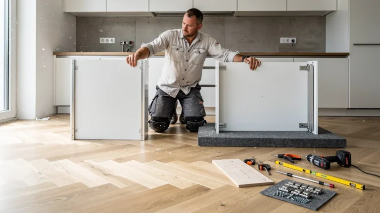 Meuble de cuisine sur mesure en pose debout et couchée sur parquet déjà posé, test d’assemblage