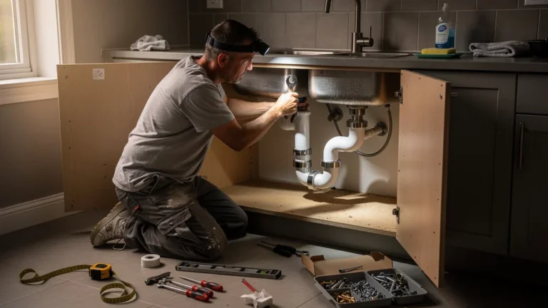 Homme posant seul un meuble sous évier dans sa cuisine, en pleine intervention sur le siphon