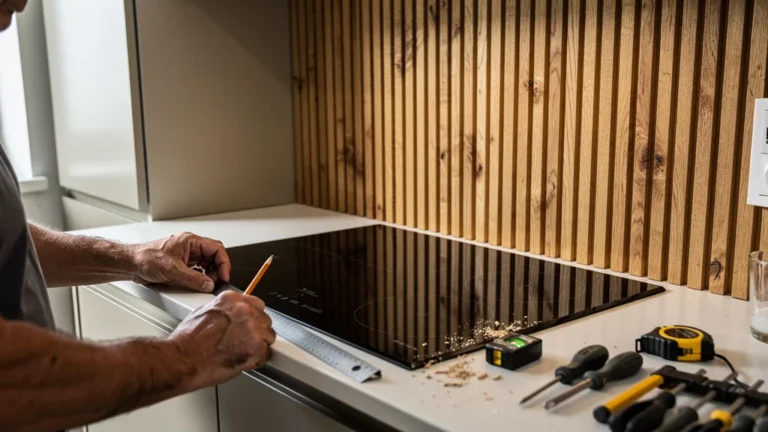 Crédence en lames de bois autour d’une plaque induction avec 2 mm de sécurité