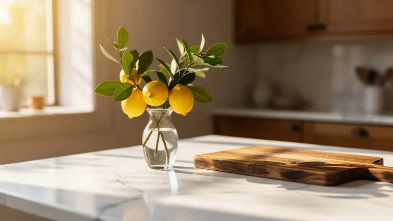 Plan de travail en marbre abîmé avec rayures et taches dans une cuisine moderne, montrant ses défauts
