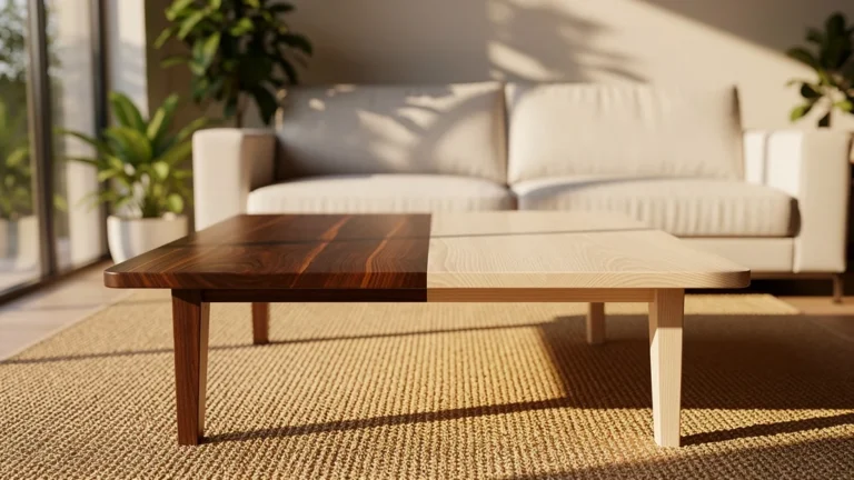 Comparaison réaliste entre bois de noyer et frêne pour meuble de salon moderne et lumineux