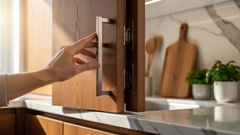 Cuisine moderne avec charnières à fermeture douce illustrant la qualité et le confort en usage quotidien