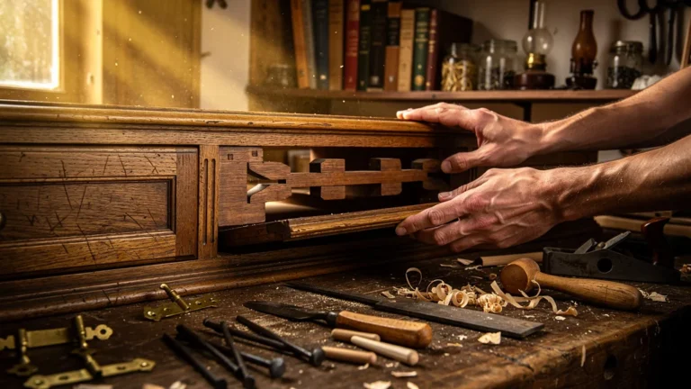 Démontage détaillé d’un vieux buffet en bois révélant son assemblage artisanal et son histoire cachée