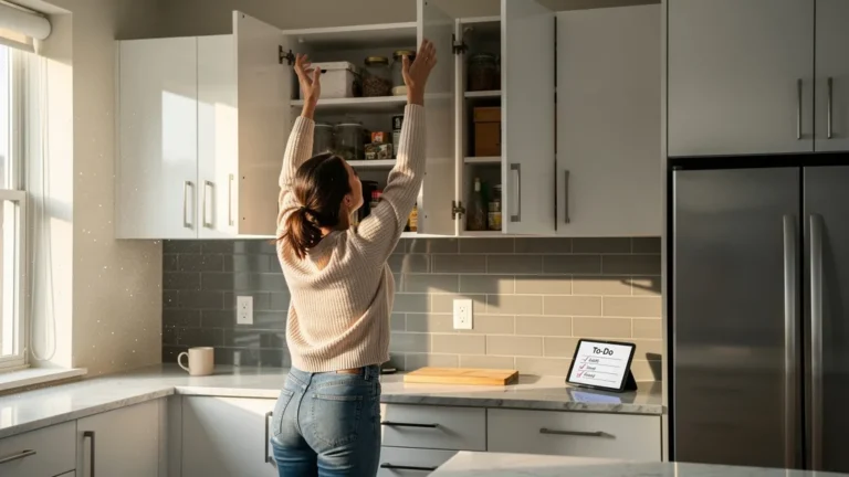 Femme réalisant l'inutilité de ses placards hauts dans une cuisine moderne lumineuse