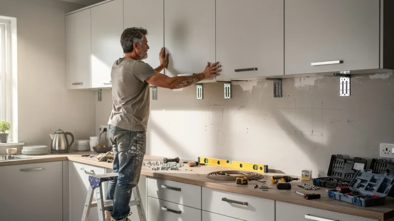 Rénovation du bandeau de meubles hauts de cuisine un weekend, avec équerres visibles et outils