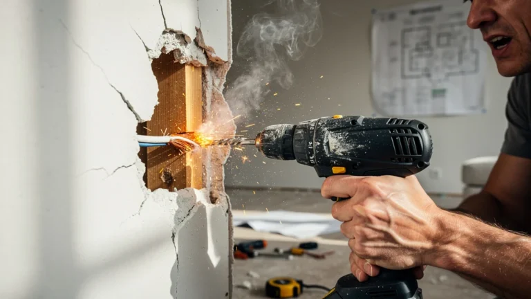 Perçage accidentel dans un mur coupant un câble électrique, illustrant l'importance de mesurer l'épaisseur du mur
