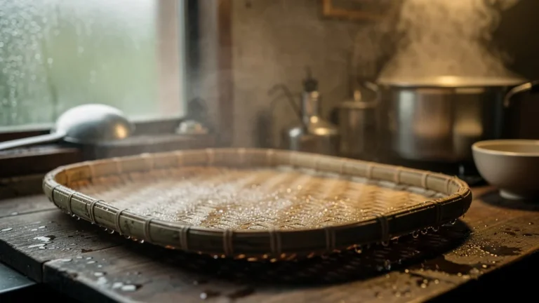 Test d'un plateau en bambou pressé face à l'humidité en cuisine, montrant déformations et éclats d'eau