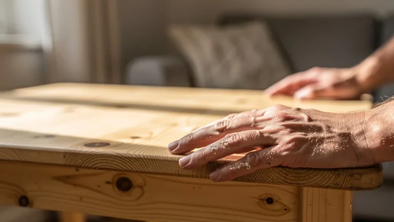 Table en pin vernie mat après six mois d'usage, montrant l'usure et la tenue du vernis