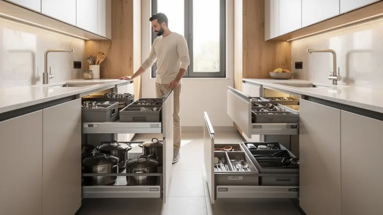 Cuisine étroite avec comparaison entre grand tiroir 900 mm et deux tiroirs 450 mm