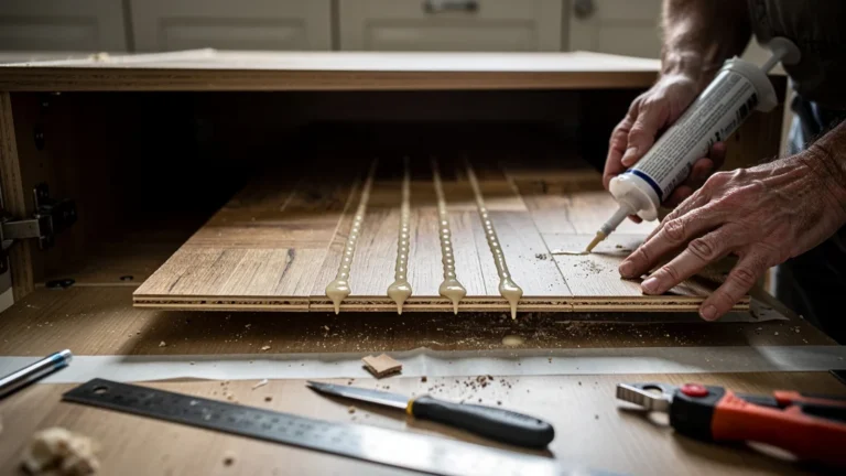 Trois colles PU testées sur une lame de parquet fixée dans un meuble bas, protocole de test DIY
